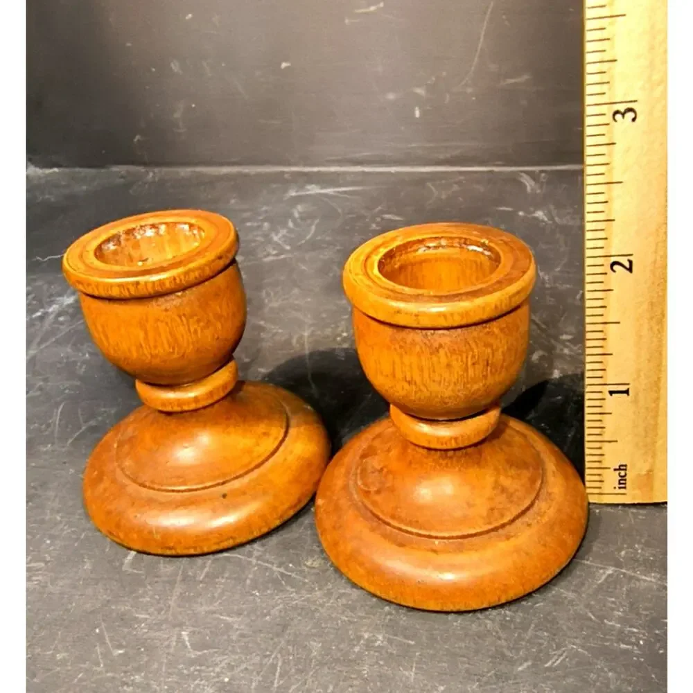 1996.  Pair Vintage  Hand Turned Wooden Candlestick Holders Round Base
